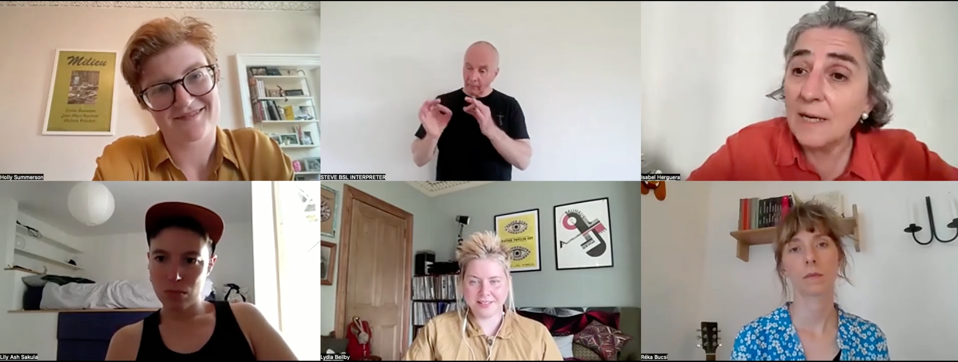 Six people in video platform windows with pale backgrounds